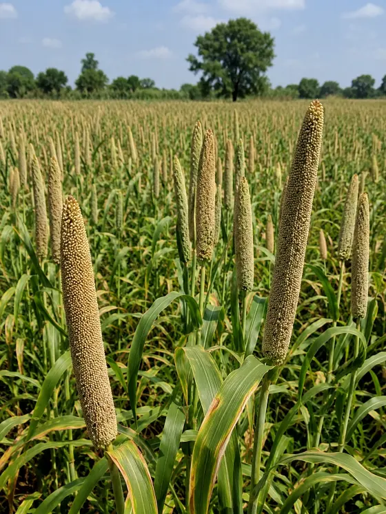 Tall bajra (pearl millet) crop with mature earheads