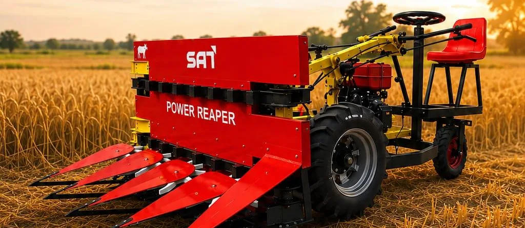 Differential model power reaper with seat in a wheat field