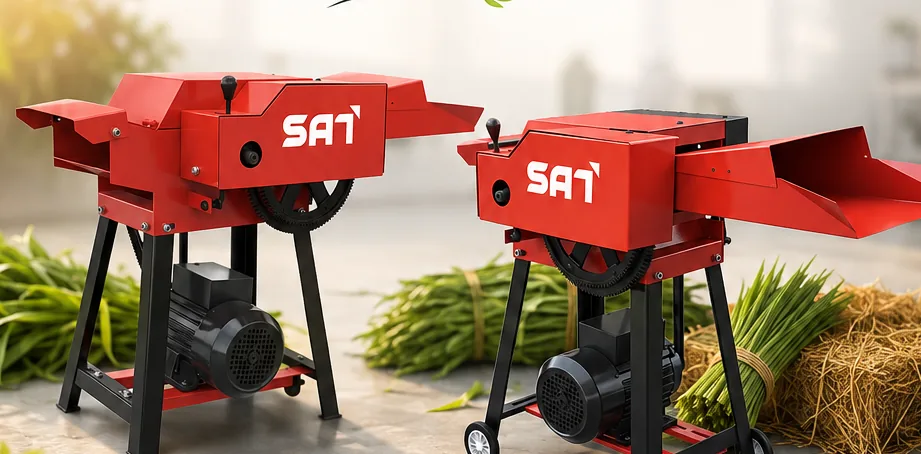 Two SAT electric chaff cutters with 3 HP motors beside green and dry fodder