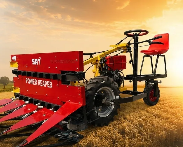 SAT power reaper machine with red cutter bar in a crop field