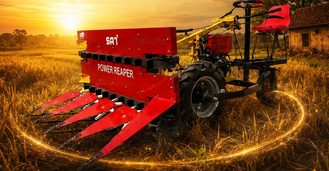 Sunidhi power reaper with seat and steering in a wheat field at sunset