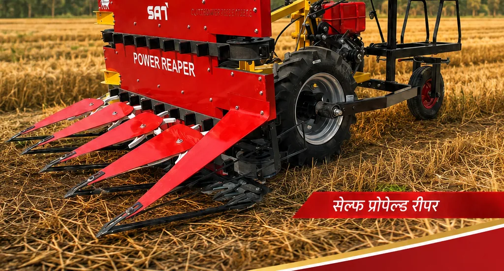 Power reaper with seat and hand steering in a harvested field