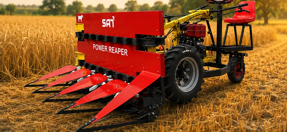 Self-propelled power reaper with seat in a ripe wheat field