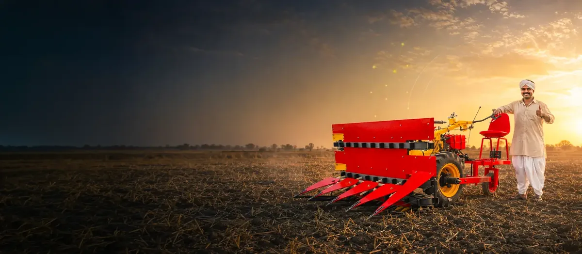 Self-propelled reaper with seating attachment working in the field